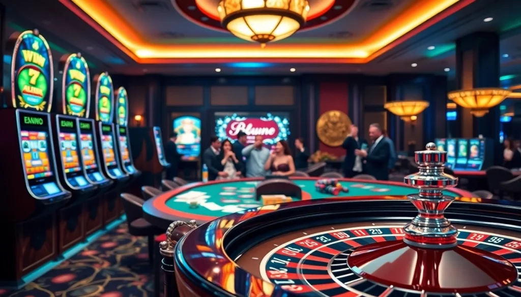 A vibrant casino scene showcasing excitement at https://xx88.day/ with slot machines and a lively poker table.