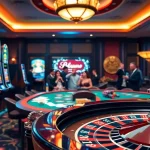 A vibrant casino scene showcasing excitement at https://xx88.day/ with slot machines and a lively poker table.