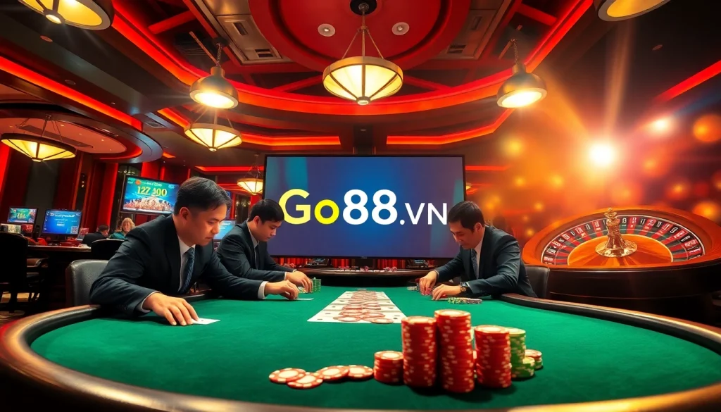 Go88vn showcases an exciting casino poker scene with professional gamblers at the table.