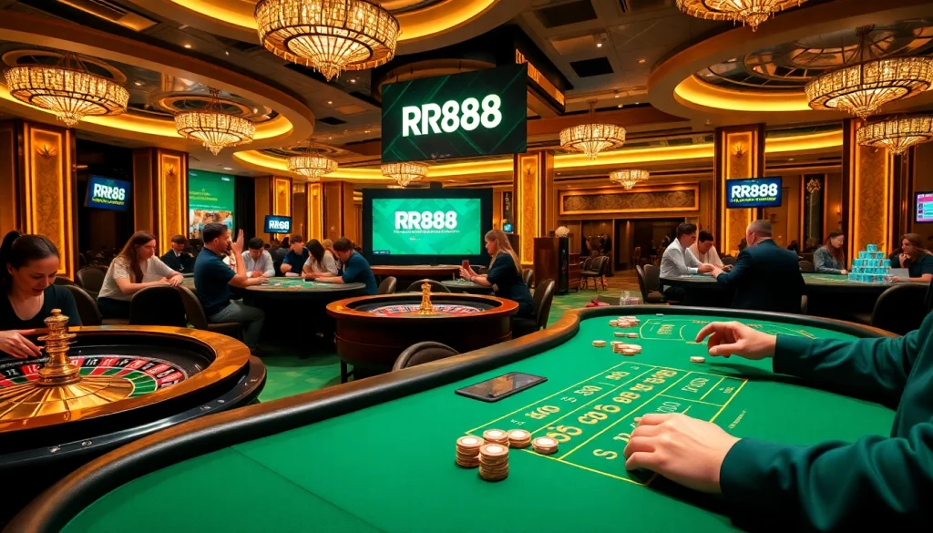 Exciting gambling action at RR88 casino with players engaged at roulette and blackjack tables.