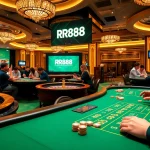 Exciting gambling action at RR88 casino with players engaged at roulette and blackjack tables.