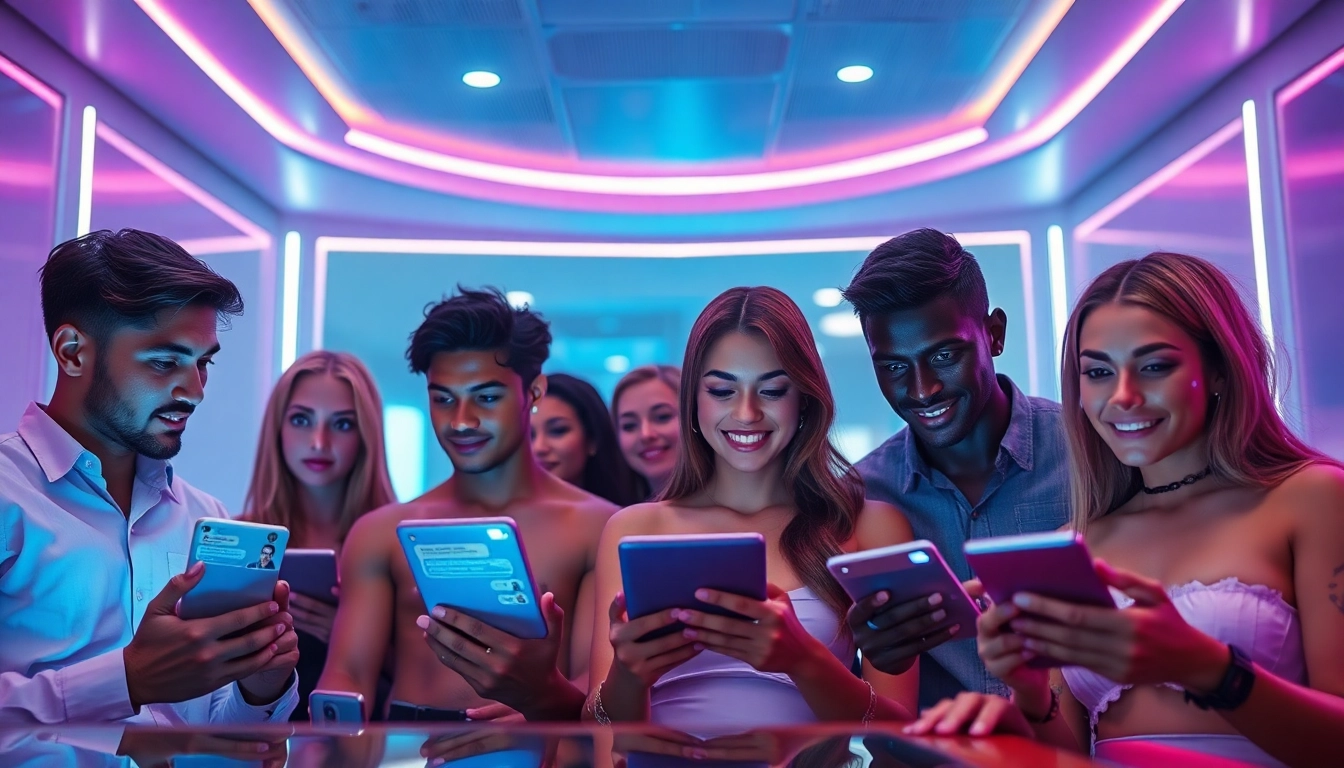 Engaging scene of diverse users interacting with porn AI chatbots in a modern digital lounge.