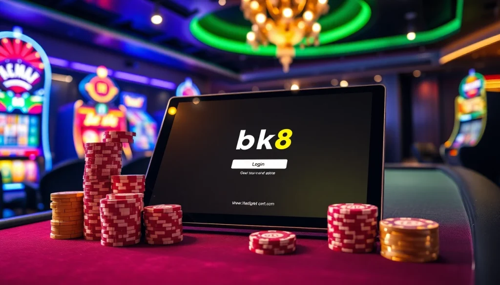 Engage with the thrilling atmosphere of bk8 login at an online casino, featuring sleek devices and vibrant surroundings.