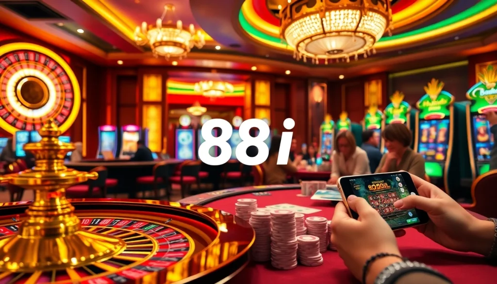 Attendees enjoying a thrilling gambling experience at 88i casino, featuring roulette and poker tables.