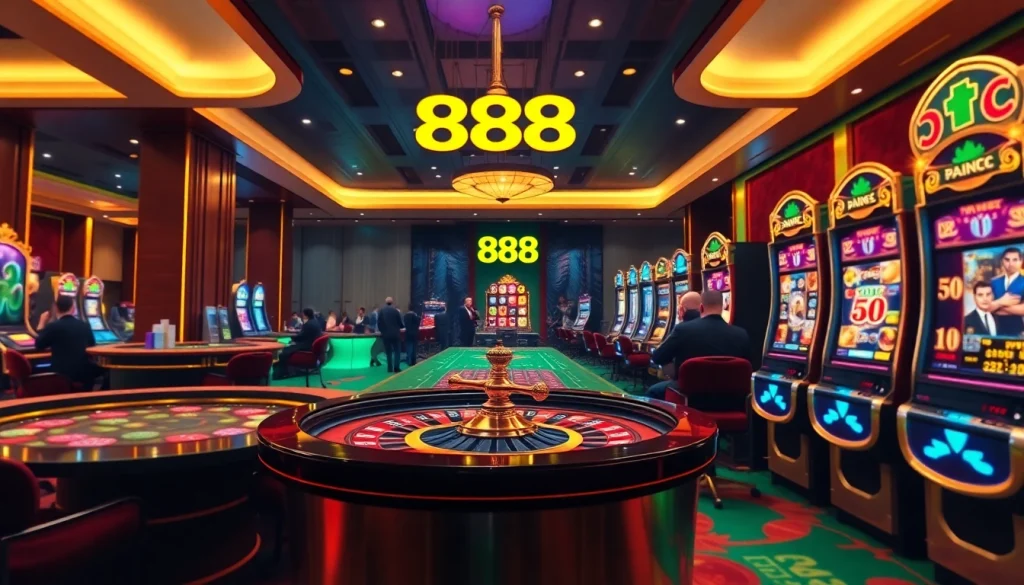 Experience the excitement of u 888 with players at roulette and poker tables in a luxurious casino setting.