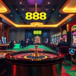 Experience the excitement of u 888 with players at roulette and poker tables in a luxurious casino setting.