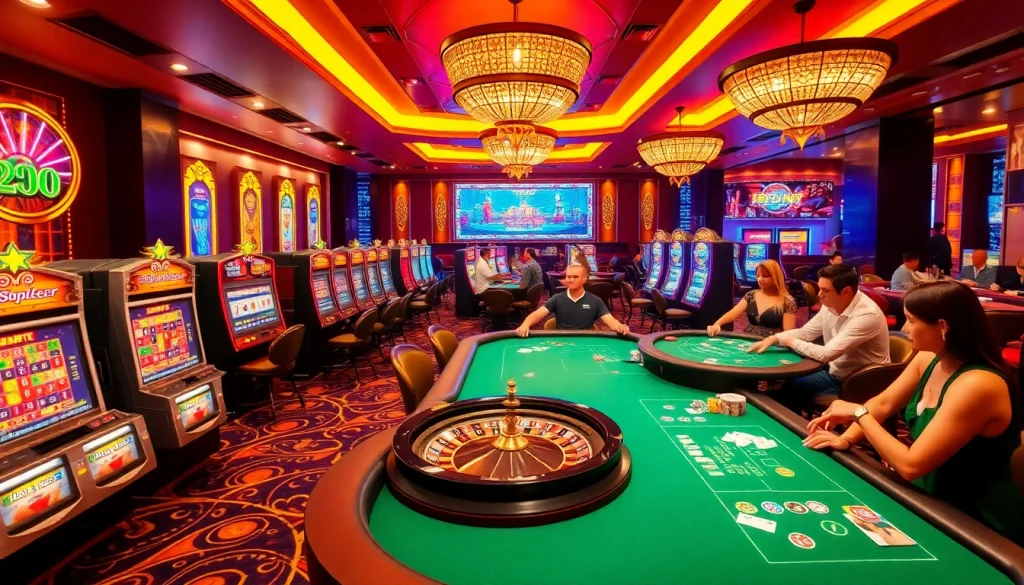 Players enjoying a thrilling gaming experience at Sunwin with vibrant slot machines and roulette.