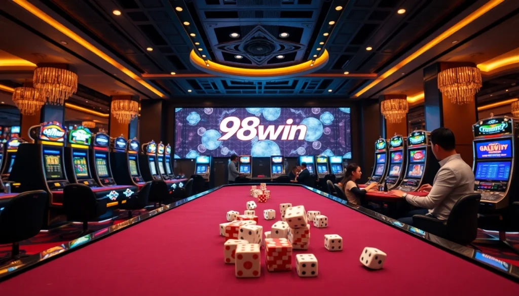 Exciting gaming action at 98win casino, showcasing vibrant slot machines and poker tables.