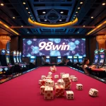 Exciting gaming action at 98win casino, showcasing vibrant slot machines and poker tables.
