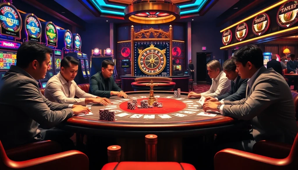 Experience high stakes at KK55.com with a vibrant casino scene featuring poker tables and slot machines.