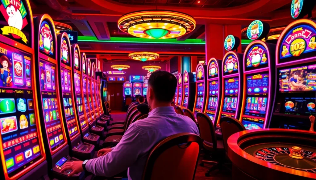 Player enjoying slot online apiraja88 at a vibrant casino, surrounded by lights and excitement.