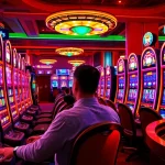 Player enjoying slot online apiraja88 at a vibrant casino, surrounded by lights and excitement.