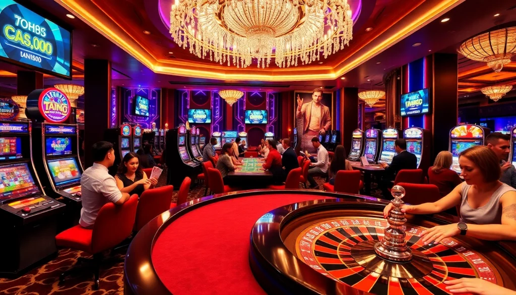 Players engaging in thrilling games at Man88 casino's vibrant gaming floor, with roulette and slot machines.