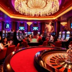Players engaging in thrilling games at Man88 casino's vibrant gaming floor, with roulette and slot machines.