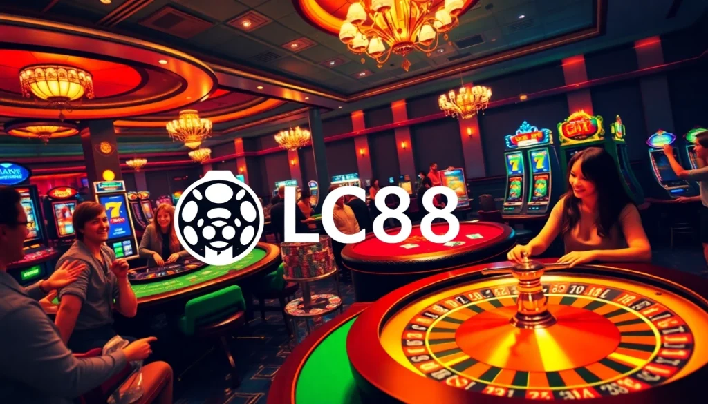 Engage with the LC88 game at a luxurious casino featuring poker tables and roulette wheels.