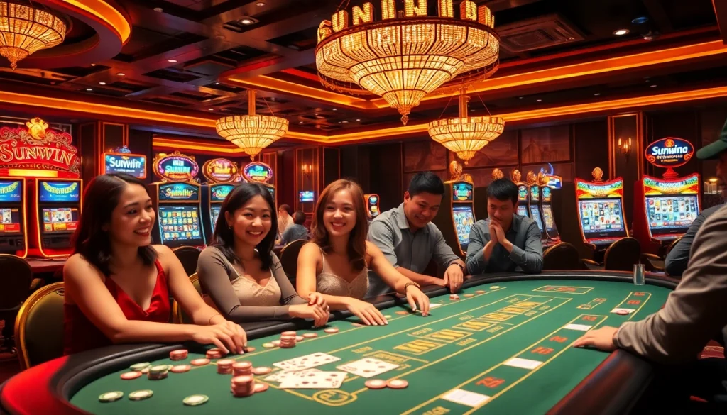 Experience thrilling poker action at Sunwin casino with colorful chips and vibrant games.