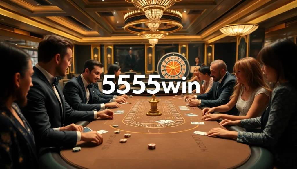 High-stakes poker action at 555win casino with professionals and vibrant chips.