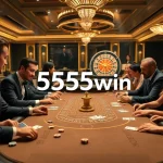 High-stakes poker action at 555win casino with professionals and vibrant chips.
