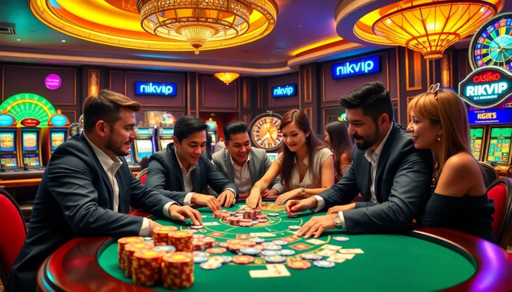 Experience the thrill of the rikvip casino with players enjoying poker and slot games.