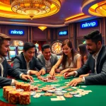 Experience the thrill of the rikvip casino with players enjoying poker and slot games.