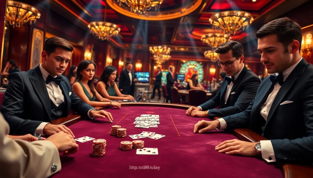 Engage with the thrilling atmosphere of https://xx88.today/ featuring players enjoying a high-stakes poker game.