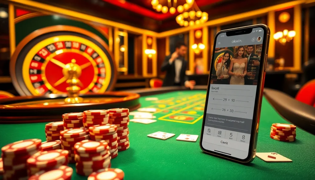 An immersive gaming scene showcasing action at okwin.com with poker, roulette, and a sleek digital interface.