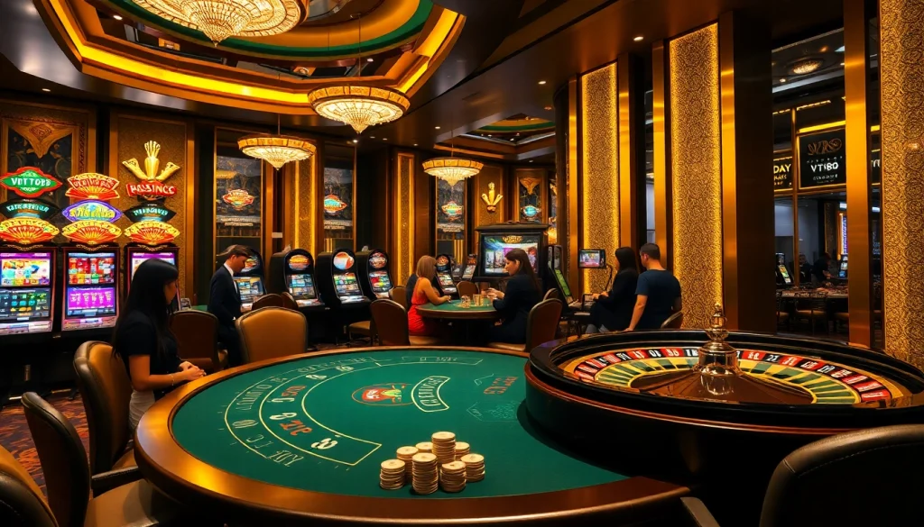 Gamblers enjoying exciting games at vt88 casino, featuring poker tables and slot machines.