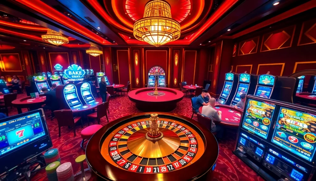 Players enjoying a dynamic casino experience at https://nh88vn.com/ with roulette wheels and poker tables.