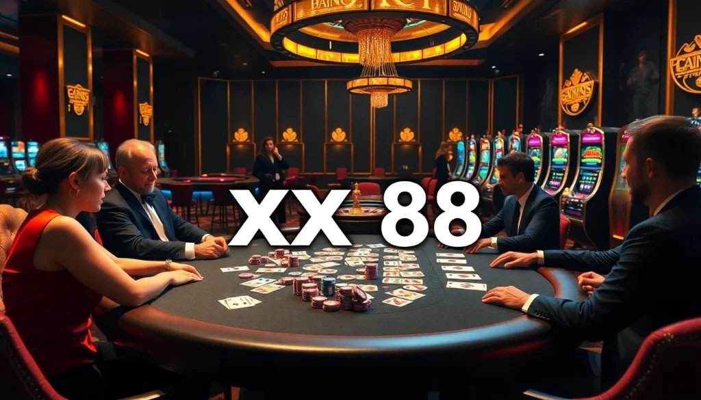 Experience thrilling gaming action at xx88 with vibrant casino tables and excited players.