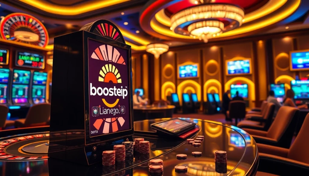 Players engaging in thrilling gameplay at boosterjp's vibrant slot machine in a luxurious casino setting.