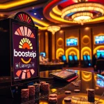 Players engaging in thrilling gameplay at boosterjp's vibrant slot machine in a luxurious casino setting.