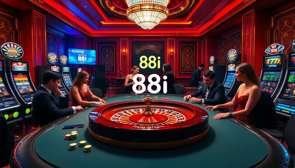 A thrilling poker game at 88i casino with elegant players, colorful chips, and a roulette wheel.