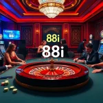 A thrilling poker game at 88i casino with elegant players, colorful chips, and a roulette wheel.