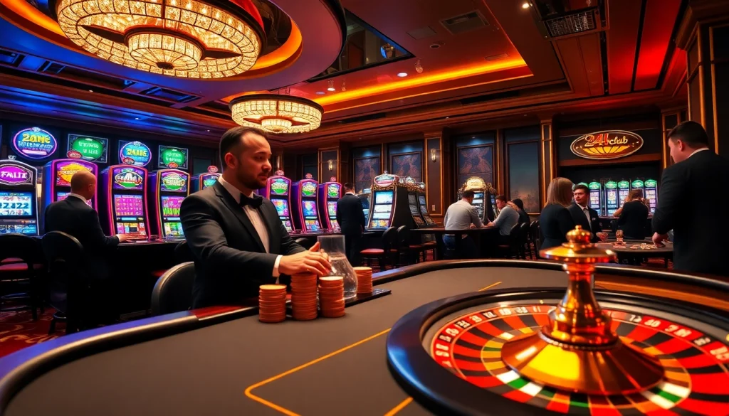 Một cảnh sòng bạc sống động tại 24kclub, với các trận poker đầy quyến rũ và máy đánh bạc thú vị.