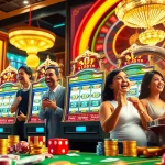 Experience excitement at a 'slot terpercaya' gaming scene with vibrant slot machines and enthusiastic players.