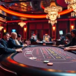 에볼루션 바카라 테이블에서 게임하는 모습을 보여주는 화려한 카지노 장면