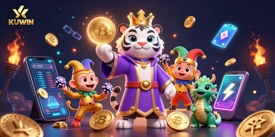 Engaging KUWIN casino with a royal tiger, jester monkey, and jade dragon amidst vibrant betting elements.
